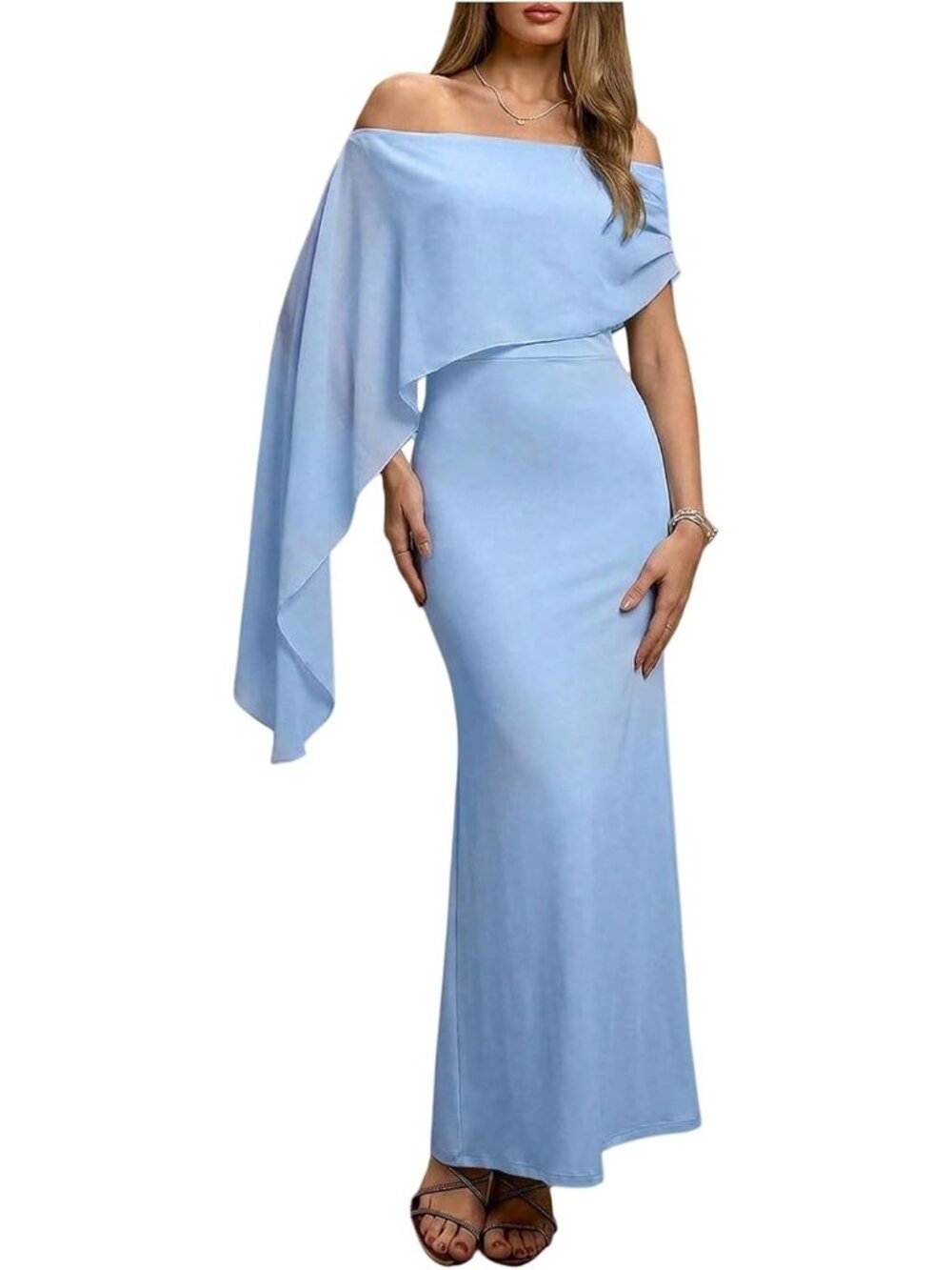 Women's Light Blue Off Shoulder Formal Elgant Night Out Wedding Guest Dresses